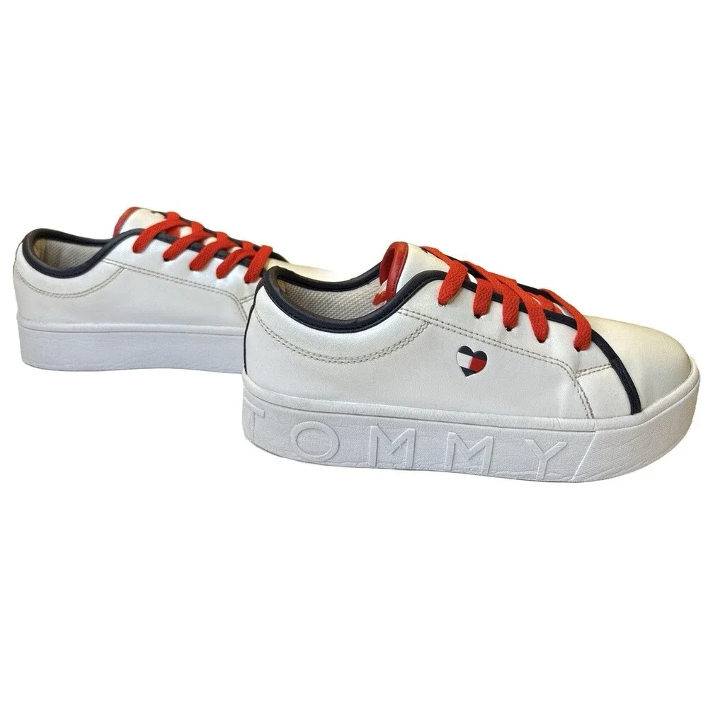 Tommy Hilfiger Girls Platform Sneakers Size 3 Youth White Red Laces Heart Logo